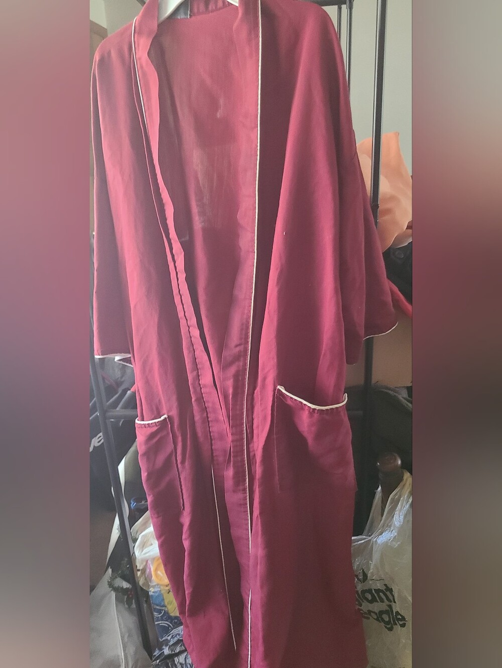 Vintage Men's Burgundy Short Sleeve Light Robe, Pockets, Belt, Contrast Piping.